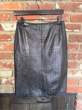 Dark Brown Croc-Embossed Leather Pencil Skirt